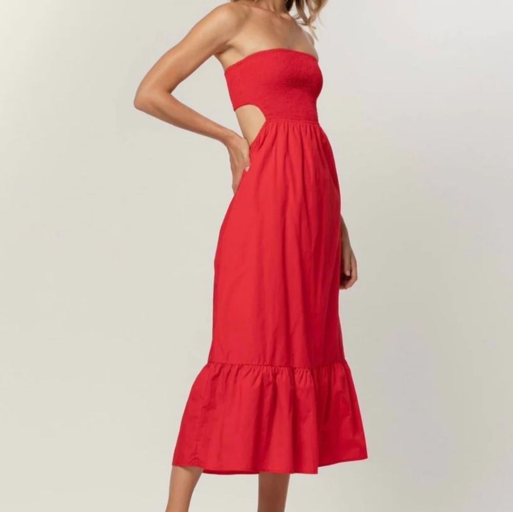 Backless Strapless Red Midi Dress